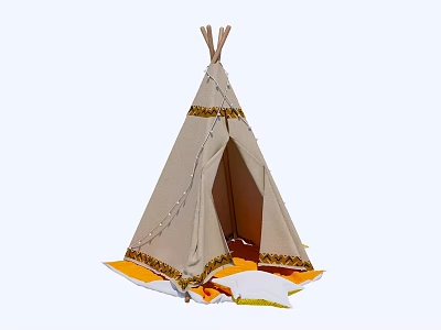 Beige Fabric Teepee Tent With Yellow Trim And Colorful Floor Cushions 3d model