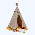 Beige Fabric Teepee Tent With Yellow Trim And Colorful Floor Cushions