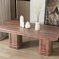 Solid Wood Dining Table With Double Pedestal Legs And White Decorative Ornaments 3d model
