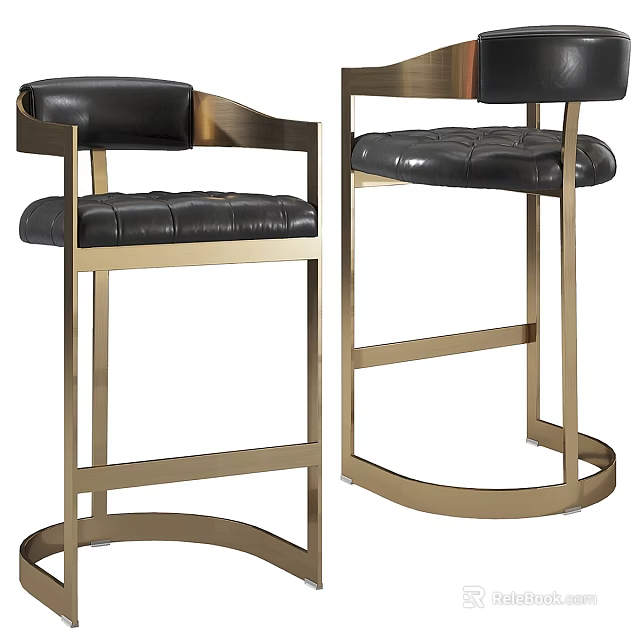 Modern Bar Stools With Black Leather Seats And Gold Metal Frames 3d model 