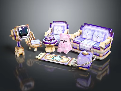 Pixel Style Furniture Set Including Sofa Chair Coffee Table Rug And Pink Bear Decor 3d model