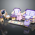 Pixel Style Furniture Set Including Sofa Chair Coffee Table Rug And Pink Bear Decor