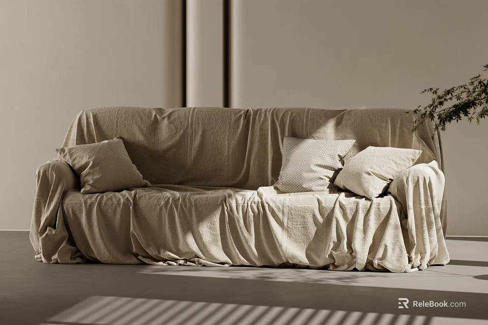 Soft Beige Fabric Sectional Sofa With Decorative Pillows In Minimalist Interior With Natural Light 3d model 