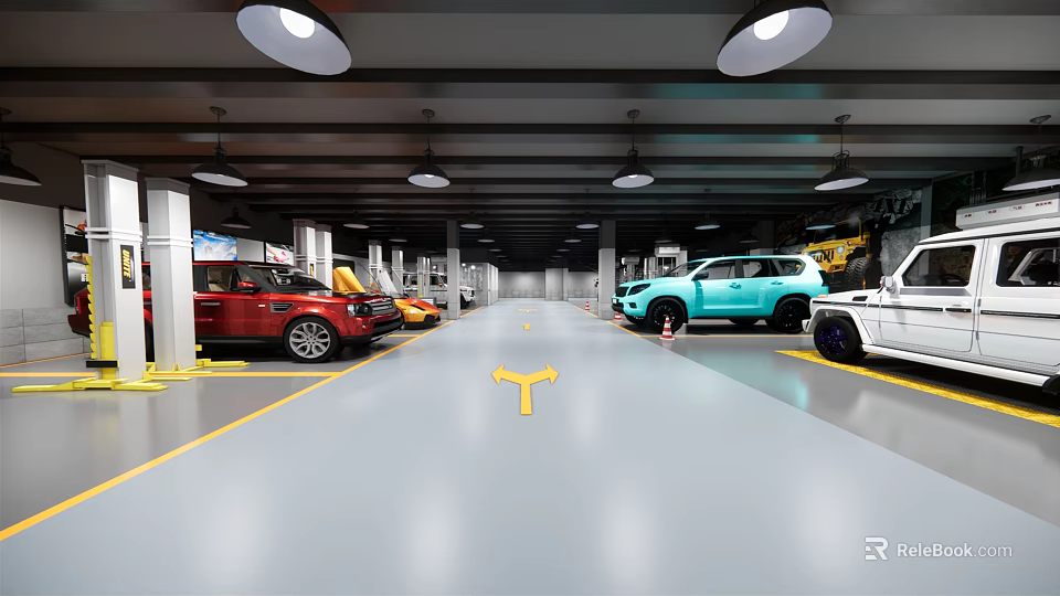 Car 4S Store Showroom with Various Colored Vehicles Arrow Signs And Bright Lighting 3d model 