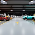 Car 4S Store Showroom with Various Colored Vehicles Arrow Signs And Bright Lighting