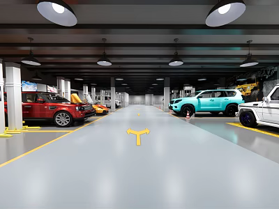 Car 4S Store Showroom with Various Colored Vehicles Arrow Signs And Bright Lighting 3d model