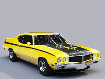 Yellow Classic Muscle Car With Black Racing Stripes And Retro Exterior Design 3d model
