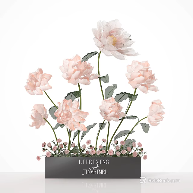 Elegant Floral Display with Pink Peonies Green Leaves and Small Flowers at Base 3d model 