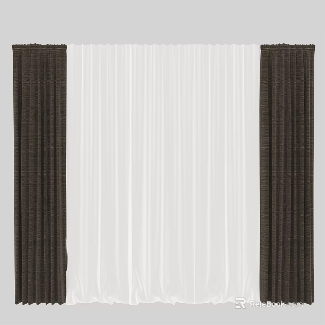 Stylish Brown And White Curtains With Sheer Center And Solid Side Panels 3d model