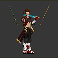 3D Fantasy Character Holding Multiple Swords With Red Coat Brown Hair And White Boots