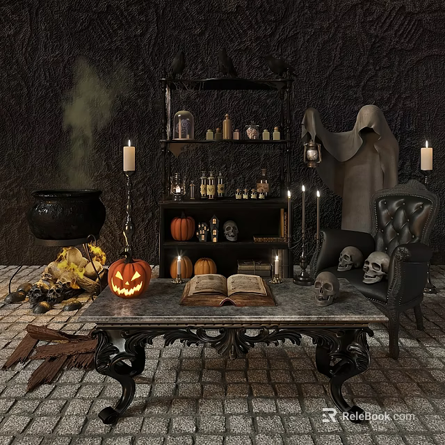 Ceramic Vessels for Halloween Witchcraft Decor with Black Cauldron Jars Pumpkins Candles Skulls 3d model 