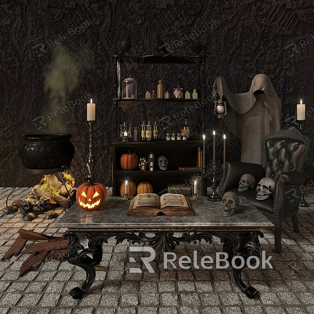 Modern Halloween Scene Halloween Study Halloween Board Decorative Cabinet Ghost Sofa Chair Books Pumpkin Lamp model