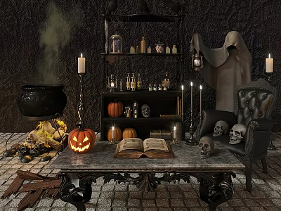 Modern Halloween Scene Halloween Study Halloween Board Decorative Cabinet Ghost Sofa Chair Books Pumpkin Lamp 3d model