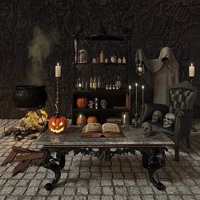 Ceramic Vessels for Halloween Witchcraft Decor with Black Cauldron Jars Pumpkins Candles Skulls 3d model