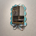 Scalloped Edge Mirror With Blue Pink Frame And Circular Accent Reflecting Bedroom