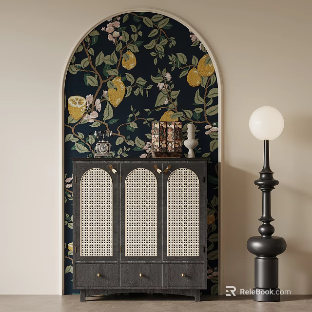 Arched Dark Wallpaper Lemon Floral Patterns Black Cabinet Rattan Doors And White Spherical Floor Lamp 3d model 