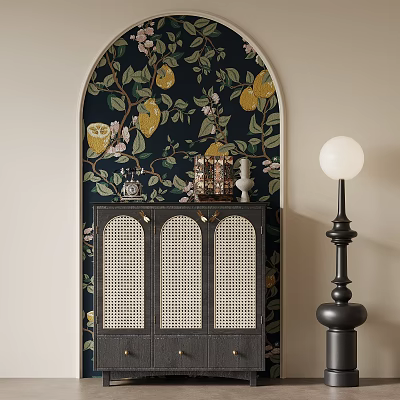 Arched Dark Wallpaper Lemon Floral Patterns Black Cabinet Rattan Doors And White Spherical Floor Lamp 3d model