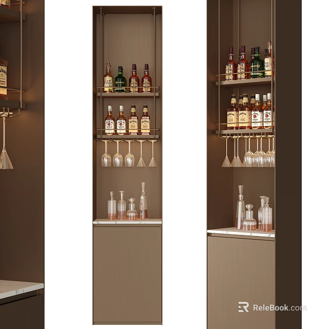 Modern Wine Cabinet Design With Various Liquor Bottles And Hanging Glasses 3d model 