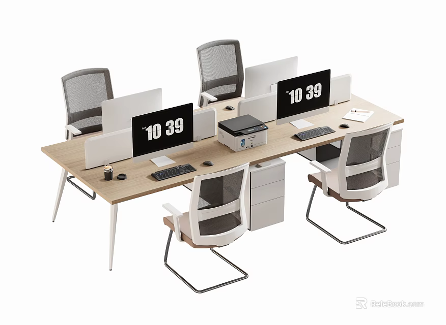 Modern Office Desk Setup With Multiple Workstations Computer Monitors Office Chairs Printer And Digital Clock 3d model