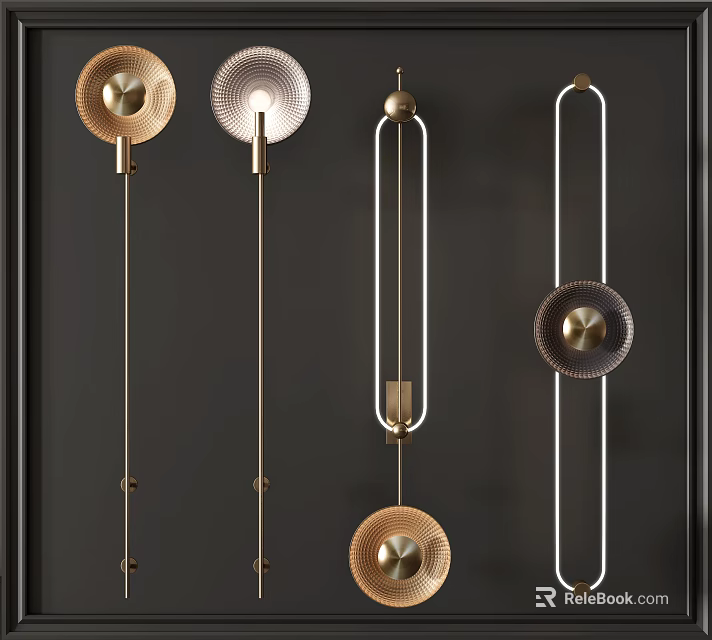 Modern Metallic Wall Lamps With Circular And Linear Designs On Dark Mounting 3d model 