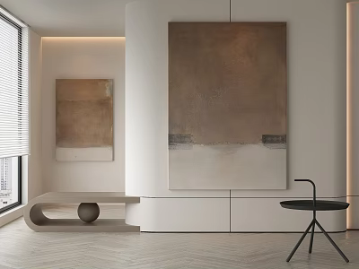 Modern Interior Design With Abstract Paintings Curved Bench Black Stool Wooden Flooring And Window Blinds 3d model