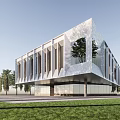Modern Sales Office Building With Large Glass Windows And Front Lawn Landscape