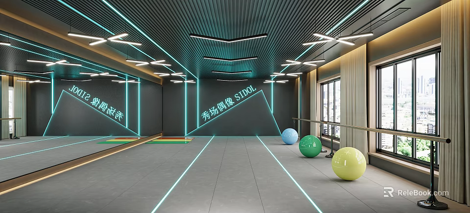 Modern Fitness Studio Interior With Mirror Walls Exercise Balls And LED Lighting 3d model 