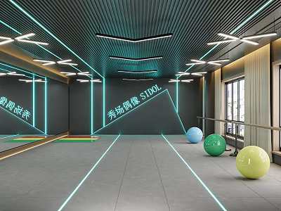 Modern Fitness Studio Interior With Mirror Walls Exercise Balls And LED Lighting 3d model