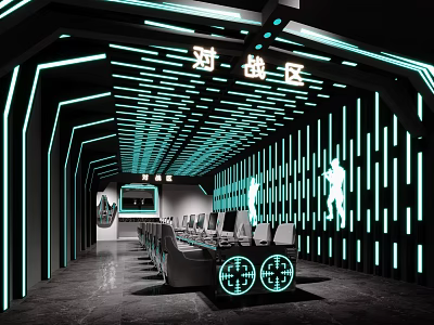 High Tech Cybercafe Battle Zone with Neon Lighting and Row of Gaming Chair Setups 3d model