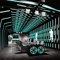 High Tech Cybercafe Battle Zone with Neon Lighting and Row of Gaming Chair Setups