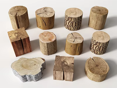 Natural Wooden Tree Stump Stools With Various Shapes And Wood Textures 3d model