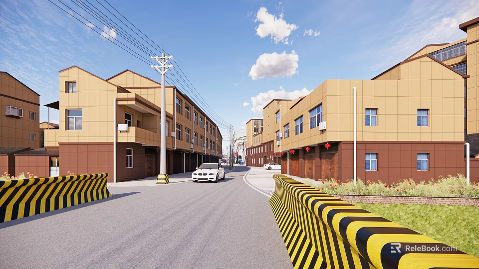 Commercial Street With Yellow Brown Buildings Cars On Road And Blue Sky White Clouds 3d model 