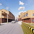 Commercial Street With Yellow Brown Buildings Cars On Road And Blue Sky White Clouds