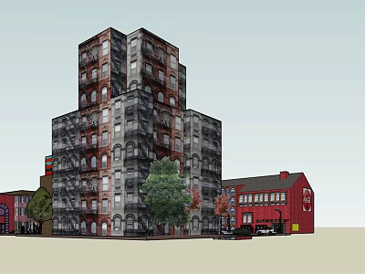 Historic Multi Story Brick Building With Red Structures Trees And Black Car 3d model
