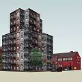 Historic Multi Story Brick Building With Red Structures Trees And Black Car