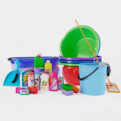 Variety Of Cleaning Supplies Including Buckets Basins Detergent Bottles And Tools 3d model