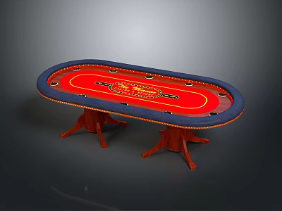Oval Entertainment Table With Red Playing Surface Blue Rim And Wooden Legs 3d model
