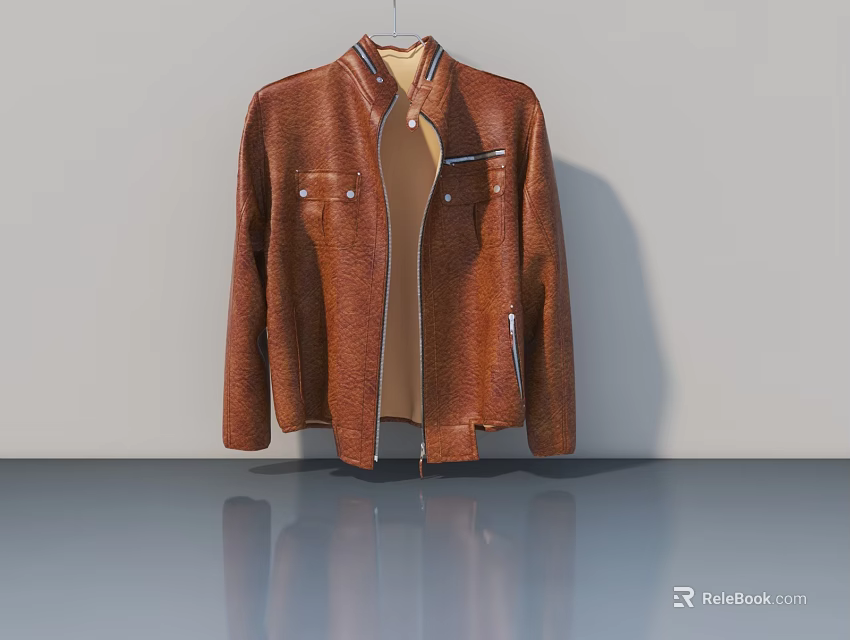Brown Leather Jacket With Zipper Pockets Stand Collar And Classic Design 3d model