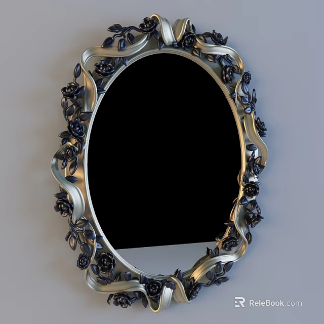 Oval Mirror With Silver And Black Floral Frame Decoration For Home Decor 3d model 