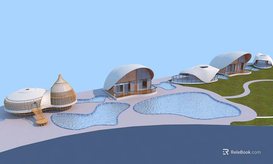 Modern Wooden House Design With Curved Roofs Pools And Green Lawn 3d model 