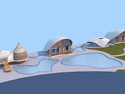 Modern Wooden House Design With Curved Roofs Pools And Green Lawn 3d model