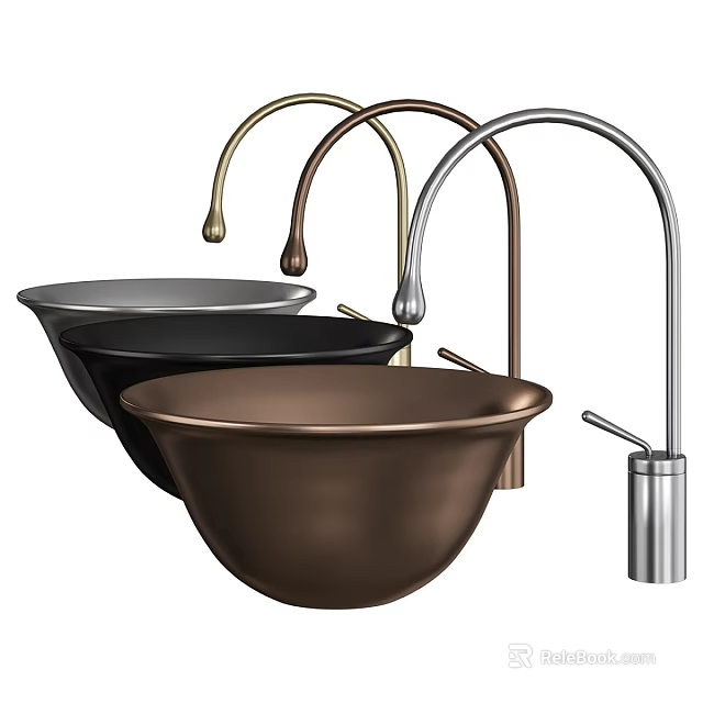 Metal Colored Bowl Shaped Washbasins with Curved Faucets in Modern Design 3d model 