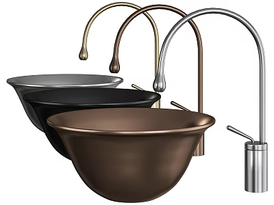 Metal Colored Bowl Shaped Washbasins with Curved Faucets in Modern Design 3d model