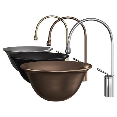 Metal Colored Bowl Shaped Washbasins with Curved Faucets in Modern Design 3d model