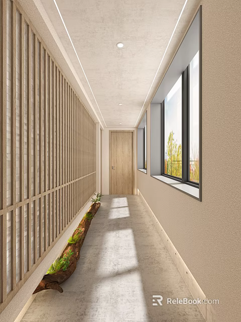 Modern Elevator Hallway With Wooden Slat Wall Windows Sunlight Plants And Wooden Door 3d model 