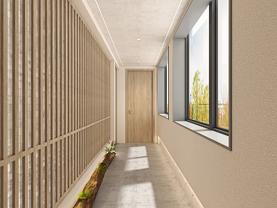 Modern Elevator Hallway With Wooden Slat Wall Windows Sunlight Plants And Wooden Door 3d model