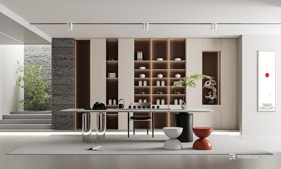 Traditional Tea Room Interior Featuring Wooden Furniture And Tea Sets 3d model 