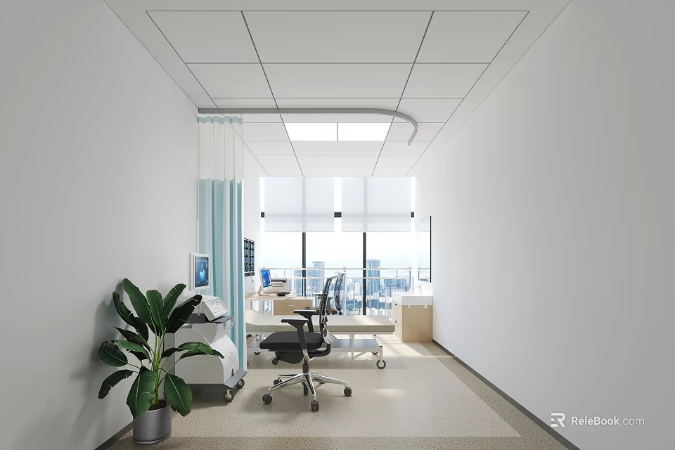 Hospital Outpatient Clinic With White Walls Ceiling Lights Medical Equipment Green Plant And City View 3d model 