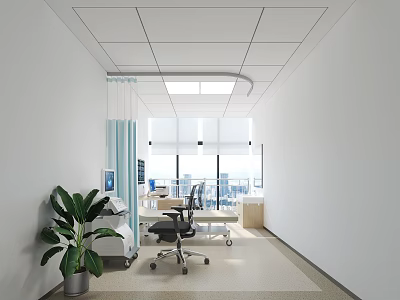 Hospital Outpatient Clinic With White Walls Ceiling Lights Medical Equipment Green Plant And City View 3d model