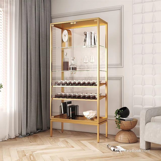 Modern Gold Frame Wine Cabinet Display With Glass Shelves Wine Bottles And Glasses 3d model 